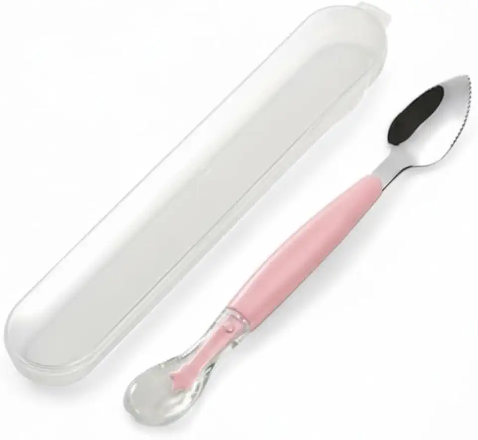 Colher Infantil 2 em 1 Inox 304 com Coletor Silicone Alimentício e Estojo Protetor Função Alimentar e Raspador Rosa