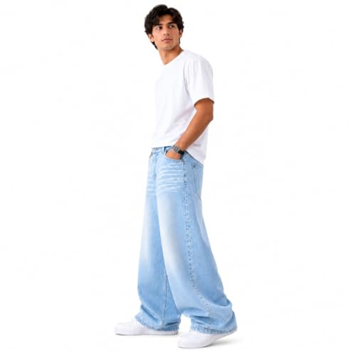 KULAKAS Men's Baggy Wide Leg Jeans Light Blue - Image 6