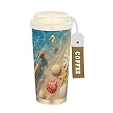 Foiosoh Seashell on the Beach Kaffeebecher mit Deckel, Reise-Kaffeetasse, Edelstahl, Thermobecher für heiße und kalte Getränke, 500 ml, auslaufsicher