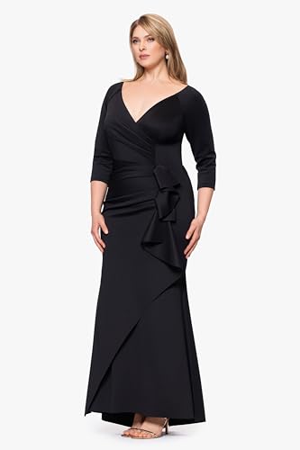 Image of Xscape Women's Plus Size Long 3 /4 Sleeve V-Neck Side Ruched Dress, Black, 16W