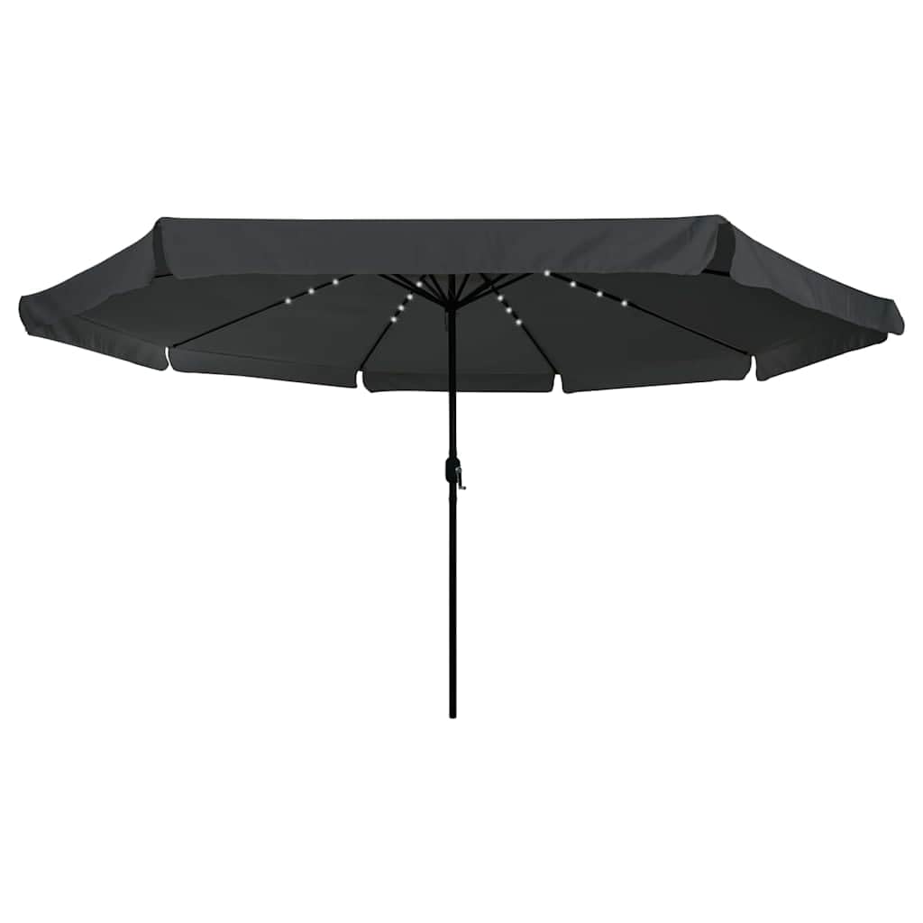 Parasol ogrodowy w kolorze piaskowym, antracytowym x x, odporny na promieniowanie UV dach poliestrowy, stabilny stelaż stalowy, możliwość pochylenia z korbą, oświetlenie LED, odporny na