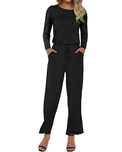 Auxo Women's Casual Long Sleeve Drawstring Waist Wide Leg Jumpsuit Romper with Pockets Black M