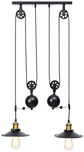 Raelf 2 Poulie de Levage Lampe Lustre Lampe Caster réglable Levage Poulie Lustre-2 Lumières, Lustre en métal Vintage Industriel, E27 Edison Lustre, Kitchen Bar Island Corridor Restaurant