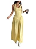 SOLY HUX Women's Maxi Dress Halter Tie Back Sleeveless A Line Flared Long Dresses Solid Yellow Large