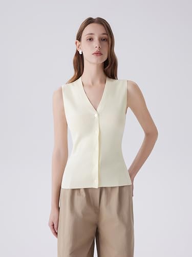 Image of SUUKSESS Women Sleeveless Sweater Tops Summer V Neck Button Down Vest Tops Business Casual Work Shirts