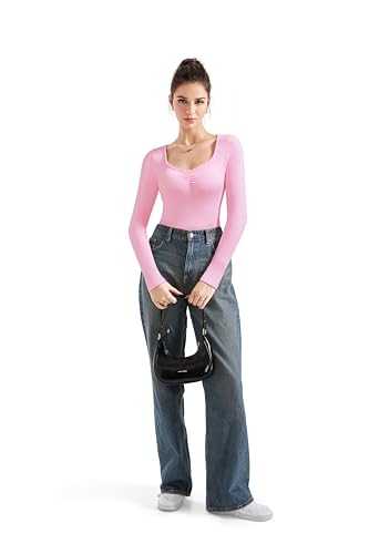 Image of SUUKSESS Women Sweetheart V Neck Long Sleeve Tops Lace Trim Ribbed Modal Fall Going Out Shirts