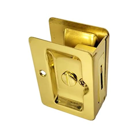 QCAA Premium Quality Solid Brass Rectangular Pocket Sliding Door Pull, Privacy Lock, 3-1/4''X2-1/4'', Polish Brass, 1 Pack, Made in Taiwan Cover