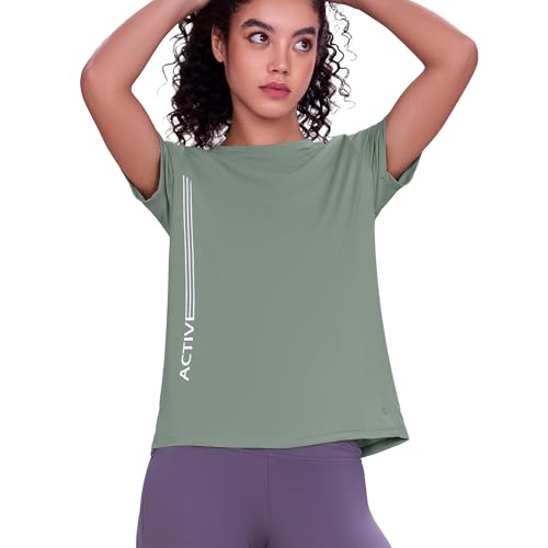Image of Enamor Short Sleeve Crew Neck Regular Length Basic Dry Fit Workout Crew T-Shirt for Women - Relaxed Fit, Quick Dry, Antimicrobial - A309