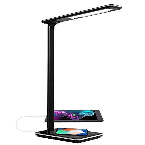 Lampe de Bureau LED, Chargeur de Lampe sans Fil, Rapide Charge sans Fil Carica 4 Couleurs e 5 Niveaux de luminosité Commutatore, Lampe de Chevet Tactile Protection des Yeux pour Lecture, Travail