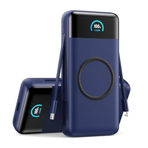 Wireless Portable Charger 40800mAh with Built-in Cables, 15W Wireless Charging USB C Power Bank, 25W PD QC 4.0 5 Outputs Travel Essential Battery Pack for iPhone 17/16/15/14/13, Samsung, Android etc