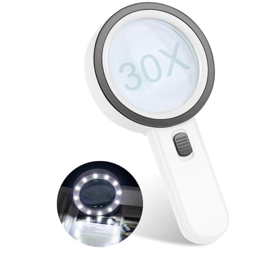 Loupe de Lecture 30X avec 12 Lumières LED - Loupe Grossissante à Main pour Lecture, Bijoux, Timbres, Pièces de Monnaie, Artisanat et Travaux Manuels -...