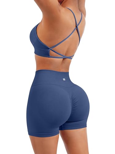 Image of SUUKSESS Women Seamless Workout Sets Strappy Sports Bra High Waist Booty Shorts Outfits