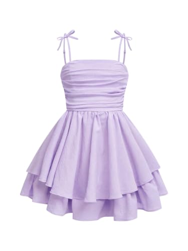 Image of SHENHE Girl's Smocked Ruched A Line Swing Dress Layered Tie Shoulder Flowy Cami Short Dress