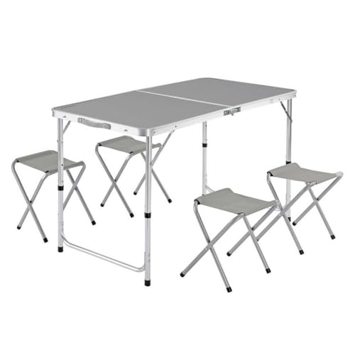 LOLAhome Mesa Plegable de Camping y 4 taburetes,Mesa Malentín con Asa para Playa,Mesa Picnic de Aluminio y loneta Gris,Regulable en 3 Niveles de Altura,de 60x120x70 cm
