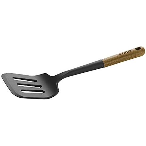 STAUB Silicone Spatula Turner, Perfectly Angled for Lifting Pancakes, Sandwiches and Picking up Veggies Durable BPA-Free Matte Black Silicone, Acacia Wood Handles, Safe for Nonstick Cooking Surfaces Cover