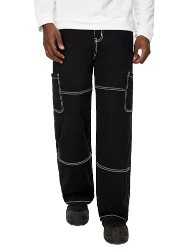 Image of Men's Straight Fit Denim Cargo Pants - Casual Multi-Pocket Work Jeans