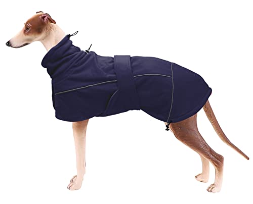 Greyhound Lurcher Winter Coat, Whippet Warm Coat with Fleece, Water Resistant Dog Jacket with Adjustable Bands and Zipper Harness Hole - Navy - Large