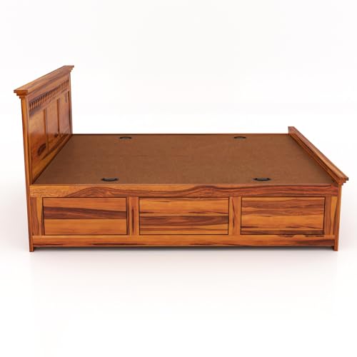 Image of Sheesham Wood Adolph King Size Bed with Box Storage for Bedroom Living Room Wooden Double Bed Palang (Honey Finish)