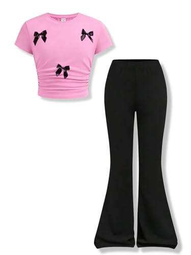 Image of Girls Clothes 2 Piece Short Sleeve Lace Bow Print Tops Flared Pants Set Little Girl Outfits Size 7-14