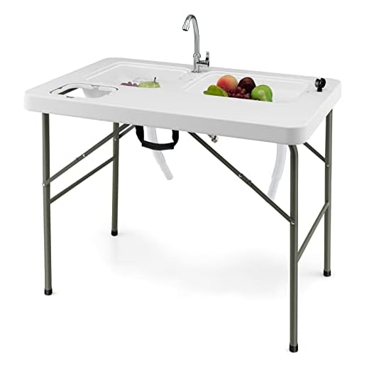 LDAILY Fish Cleaning Table, Folding Fillet Table with 2 Built-in Sinks & 360° Rotatable Faucet, Portable Outdoor Picnic Table with Stainless Steel Water Inlet Pipe for Camping, Fishing, BBQ