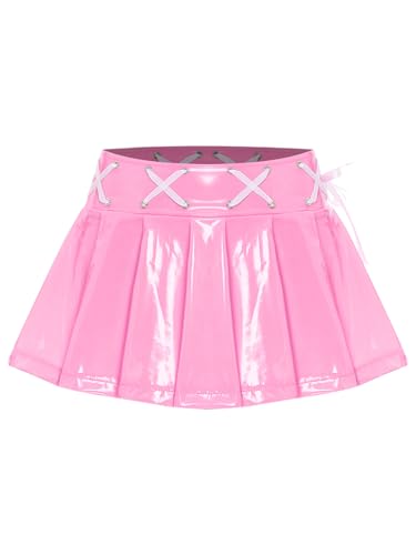 TiaoBug Women's Wet Look Leather Mini Pleated Skirt Cross Lace-up Ribbon Invisible Zipper Skirt2