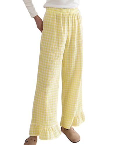 Image of codcm Womens Gingham Pants Wide Leg Lounge Pants Y2k Plaid Print Ruffle Hem Loose Trouser
