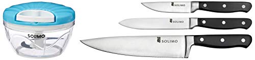 Amazon Brand – Solimo 500 ml Large Vegetable Chopper with 3 Blades, Blue and Premium High-Carbon Stainless Steel Kitchen Knife Set, 3-Pieces, Silver Combo