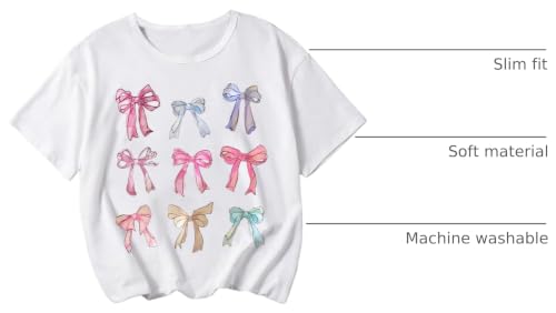 Image of RoseSeek Girl's Bow Graphic Tees Crew Neck Short Sleeve Summer T Shirts Preppy Cute Clothes for Girls