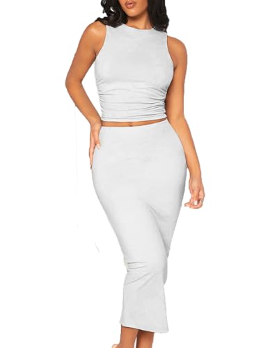 Image of Bdwinz Women's Casual 2 Piece Dress Round Neck Tank Top Bodycon Midi Skirt Dress Set