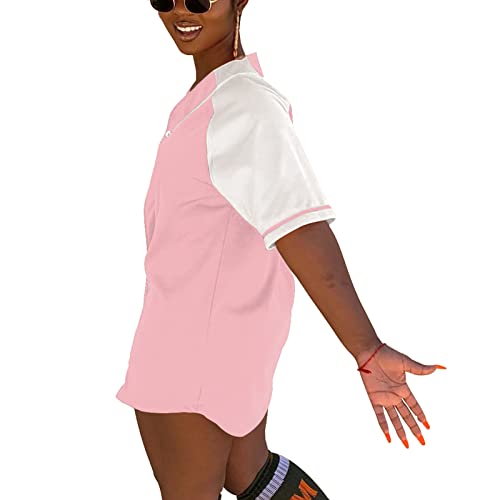 Baseball Jersey Women - Casual Sports Short Sleeve T Shirts Button Down Softball Active Shirts Tops Fashion Streetwear Pink #TOP1