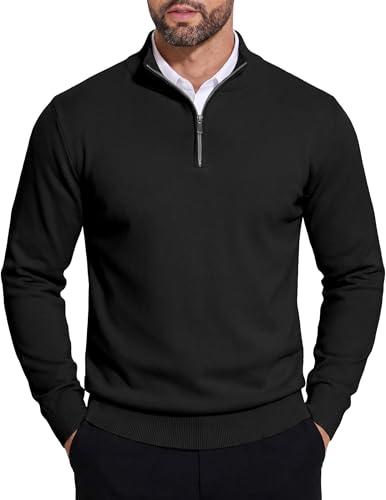 COOFANDY Mens Half Zip Sweaters Slim Fit Long Sleeve Texture Knitted Pullover Sweaters with Zipper Black XX-Large