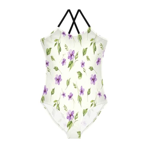 Purple Flowers Cream Girls' Athletic Swimwear, Summer Beach Bathing Suit, 3-10