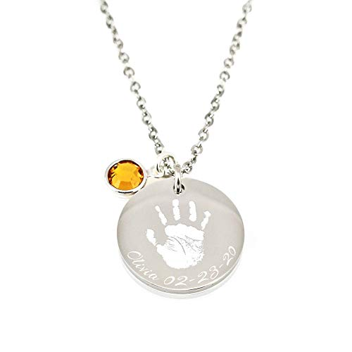 Actual Handprint Engraved Necklace Stainless Steel Baby Footprint Pendant Personalized Memorial Jewelry New Mom Gift
