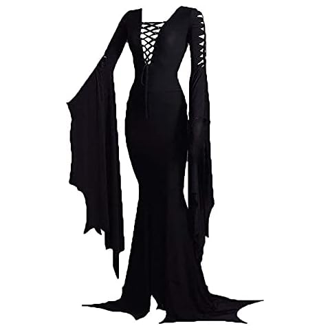 Women's Morticia Addams Floor Dress Medieval Vintage Gothic Witch Prom Dress Sexy Hollow Slim Long Dress Halloween Party Fancy Dress Costume Cover