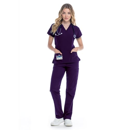 RAYGARD Medical Women Scrub Set V-Neck Scrub Uniform Top & Cargo Pants with Multi-Pockets 4-Way Stretch Breathable Nursing Workwear for Hospital Clinic in Purple Size Medium