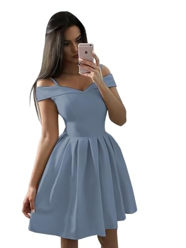 A-line Ruched Satin Short Dress Off The Shoulder for Women, Sweetheart Cocktail Dress Sleeveless Homecoming Dress