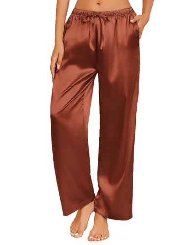 Image of Ekouaer Womens Silk Satin Pajama Lounge Pants Sleep Pj Bottoms with Pockets