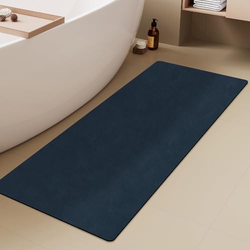 Bathroom Mat Quick Dry, Bathroom Rugs Non Slip Washable Thin Absorbent Bath Mat Fits Under Door Bathroom Floor Mat Perfect for Bath, Shower, or Sink 24"x70" Navy Blue