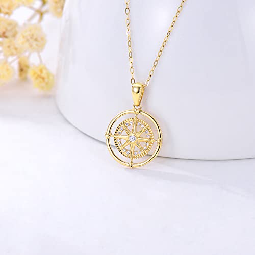 SISGEM 14K Real Gold Compass Pendant Necklace for Women,Yellow Gold Small Compass Dainty Necklace with Cubic Zirconia Graduation Birthday Present for Wife Mom,16+2 Inch3