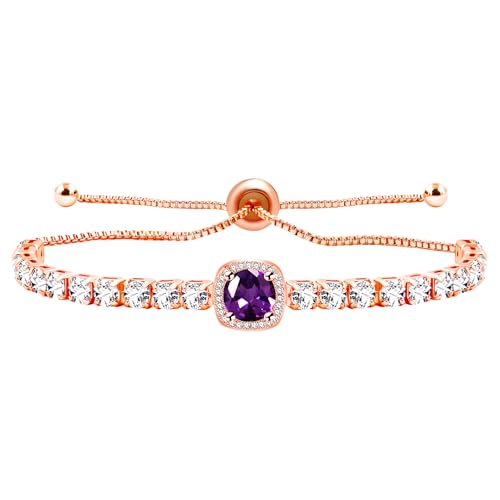 Image of Rose Plated Gold Brass Box Chain Cubic Zirconia Classic Tennis Slider Adjustable Bracelet, Round Big Zircon Charm Give Woman Mom Mother's Day Fashion Crystal Gift