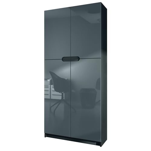 Vladon Büroschrank Logan V1, Made in Germany, Aktenschrank mit 5 Fächern und 4 Türen, Schwarz matt/Grau Hochglanz (82 x 185 x 37 cm)