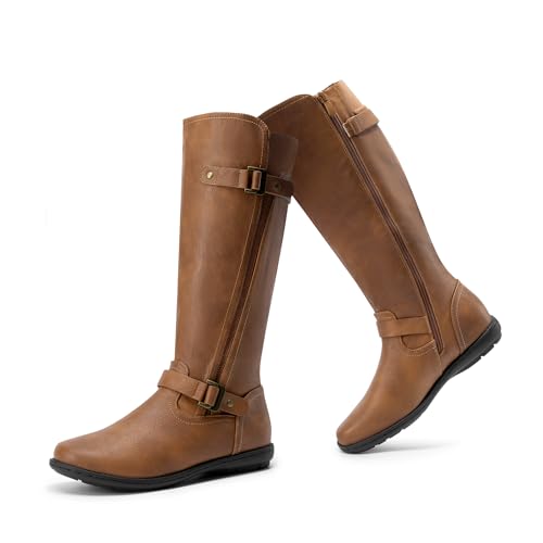 DREAM PAIRS Women's Wide Calf Knee High Faux Fur-Lined Flat Fashion Winter Boots with Side Zipper 12 Camel