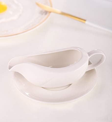 Gravy Boat & Tray - EXTRA SIZE - With Ergonomic Handle | White Fine Porcelain Saucier With Big Dripless Lip Spout | For Gravy, Warming Sauces, Salad Dressings, Milk, More | Microwave & Freezer Safe - Thumbnail 7