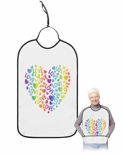 Abstract Rainbow Adult Bib for Adults Men, Women, Colorful Love Heart Modern White Washable & Adjustable Terry Cloth Bib with Crumb Catcher Reusable Waterproof Clothing Clothes Protector Apron