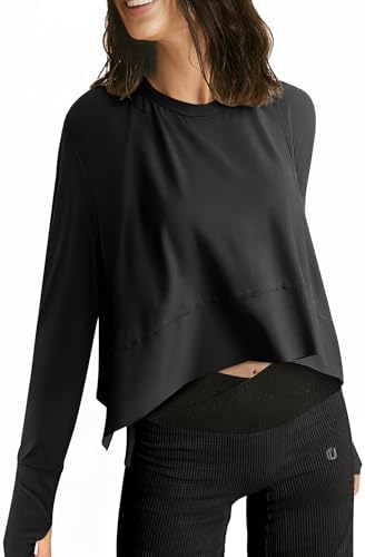 UEU Women's Crop Tops for Yoga Workout Athletic, Ice Cool Feeling Long Sleeves Shirts, Flowy Split Side Slit Oversized