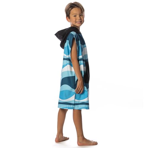 Image of Flow Changing Poncho for Kids - Microfiber Hooded Swim Towel Poncho for Boys & Girls, Perfect for Beach, Pool, or Swim - Quick Dry, Absorbent, Light Weight, and Easy to Pack (Bluewave, Small)