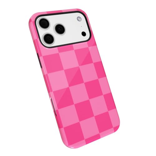LoeoeL Checkered Phone Case for iPhone 17 Pro/ 18 Pro Case Hard Shell, Girly Cute Aesthetic Plaid Checkers Print Cover for Women, Thin Slim Checkerboard Design Glossy Shockproof, Hot Pink