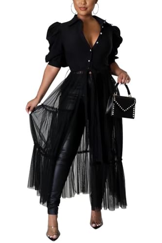 Ekaliy Women’s Casual Mesh See Through Shirts Long Dresses with Belt V Neck Button Down Club Party Outfit