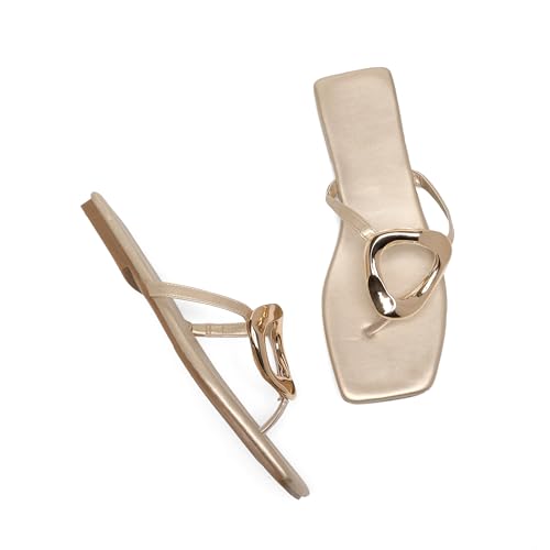 Women's Flat Flip Flop Summer Sandals,Ladies Cute Trendy Comfortable Memory Foam Clip Square Toe Beach Strappy Bling Metal Leather Outdoor Slipper Vacation Slides Shoe4