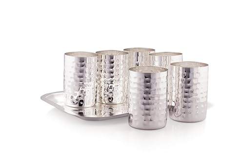 Image of Silverglow Krush Tray Glass Set | Silver Plated Glass Set of 6 with Tray | Juice, Water, Beverages Serving Set | Tableware Set | Perfect Diwali, Office, Wedding Return Gift Item